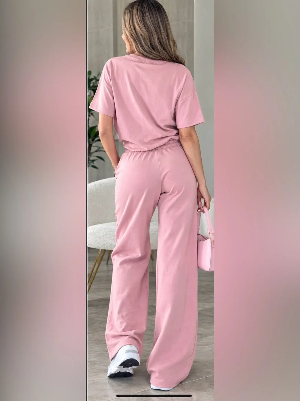 Pink High-Waist Lounge Pants with Matching Tee set size M
